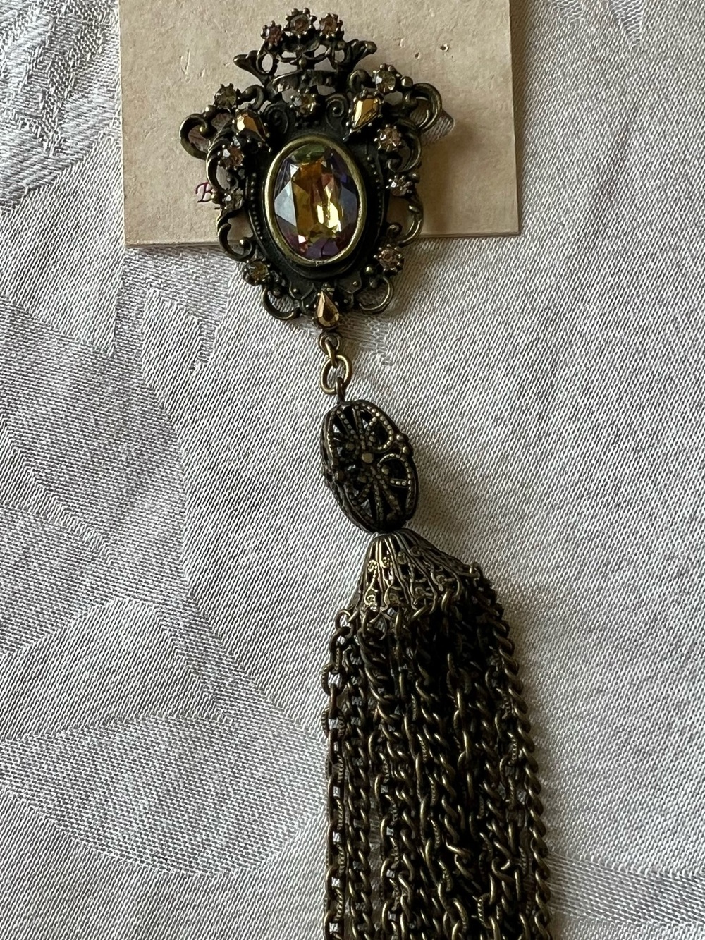 Banana Bob Antique Gold Floral Tassel Brooch with Iridescent Stone